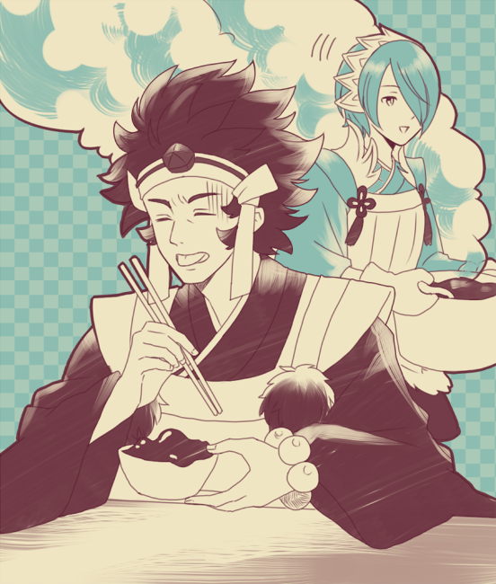 azama_(fire_emblem), blue_hair, brown_hair, chopsticks, closed_eyes, fire_emblem, fire_emblem_fates, food