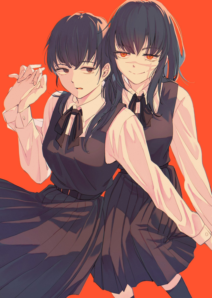 2girls, black_hair, chainsaw_man, cross_scar, dress, fourth_east_high_school_uniform, highres, holding_hands