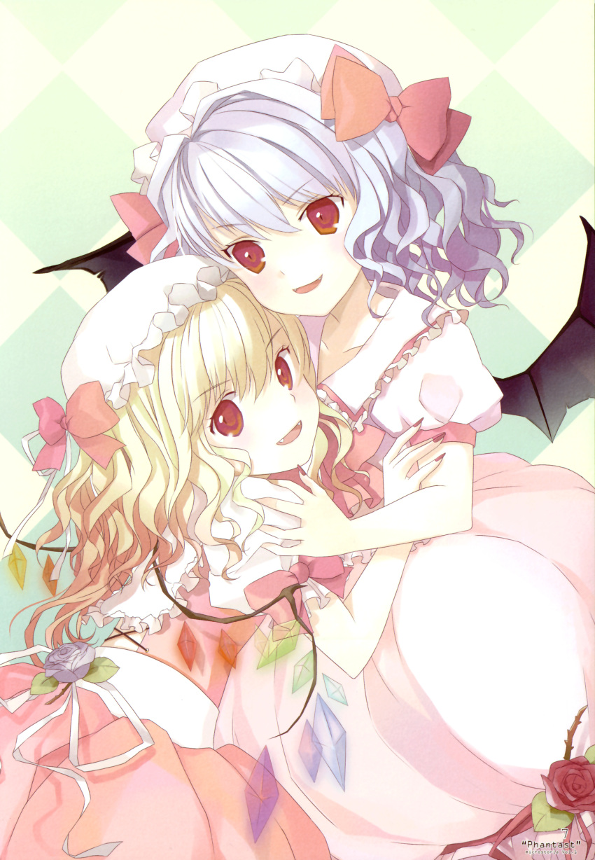 absurdres, bat_wings, blonde_hair, flandre_scarlet, hat, highres, lavender_hair, multiple_girls, ponytail, red_eyes, remilia_scarlet, short_hair, siblings, side_ponytail, sisters, tommy_(microstoria), touhou, wings