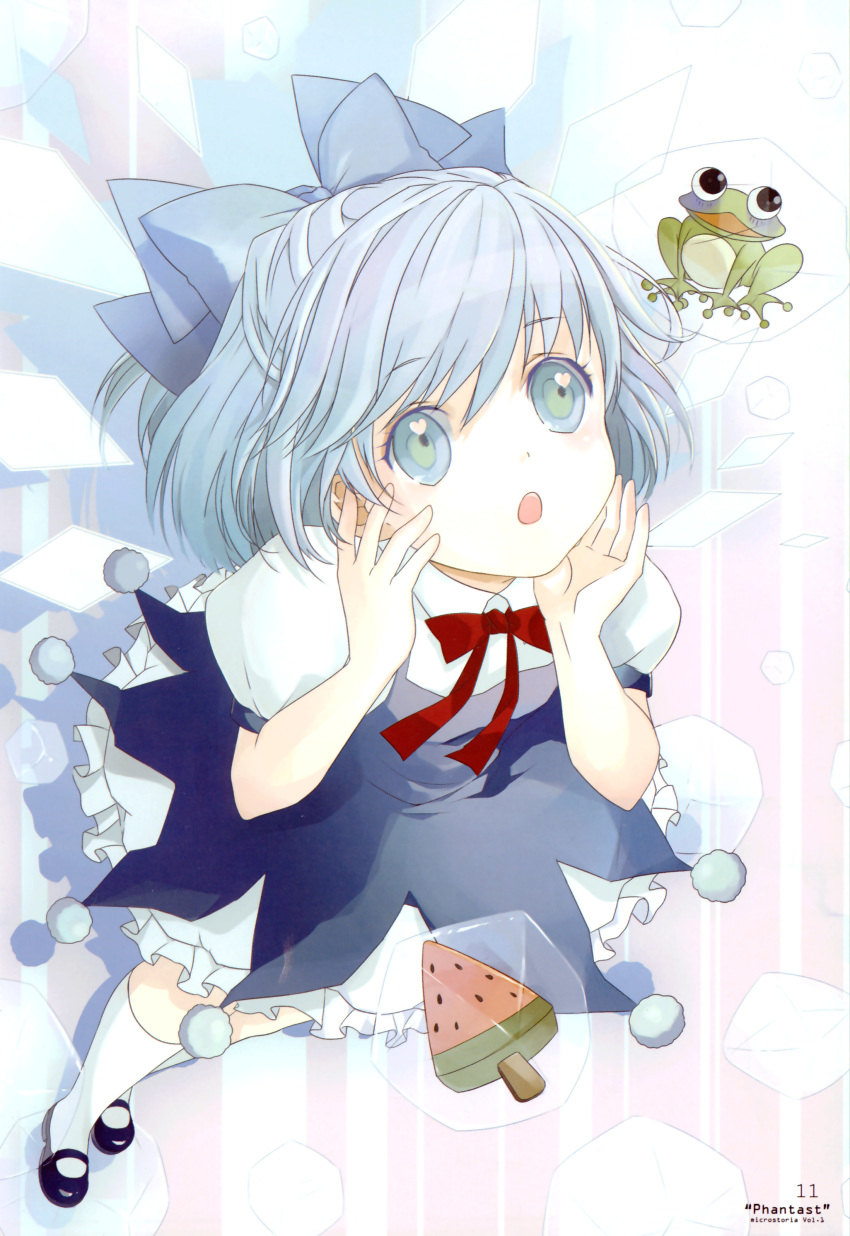 absurdres, blue_eyes, blue_hair, bow, cirno, frog, frozen, hair_bow