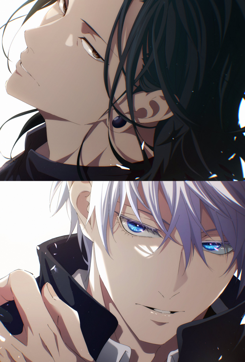 2boys, absurdres, black_eyes, black_hair, black_jacket, blue_eyes, ear_piercing, getou_suguru
