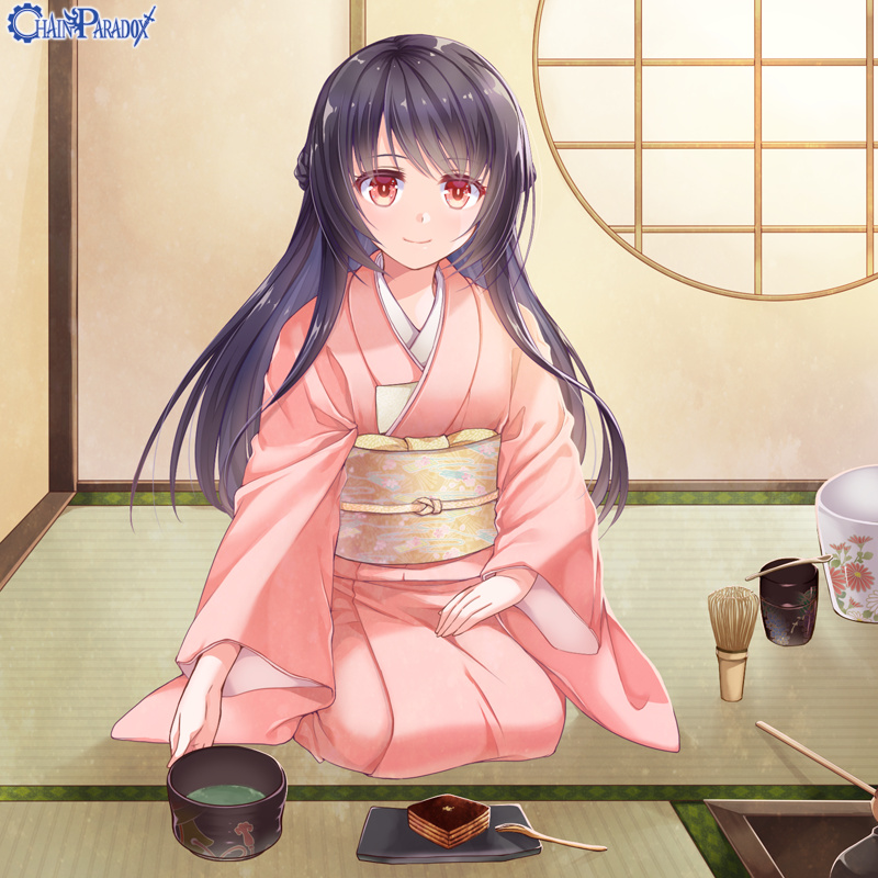 1girl, black_hair, chain_paradox, copyright_name, food, indoors, japanese_clothes, kimono
