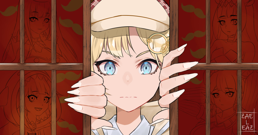 1girl, close-up, commentary, deerstalker, english_commentary, fingernails, gawr_gura, hair_ornament