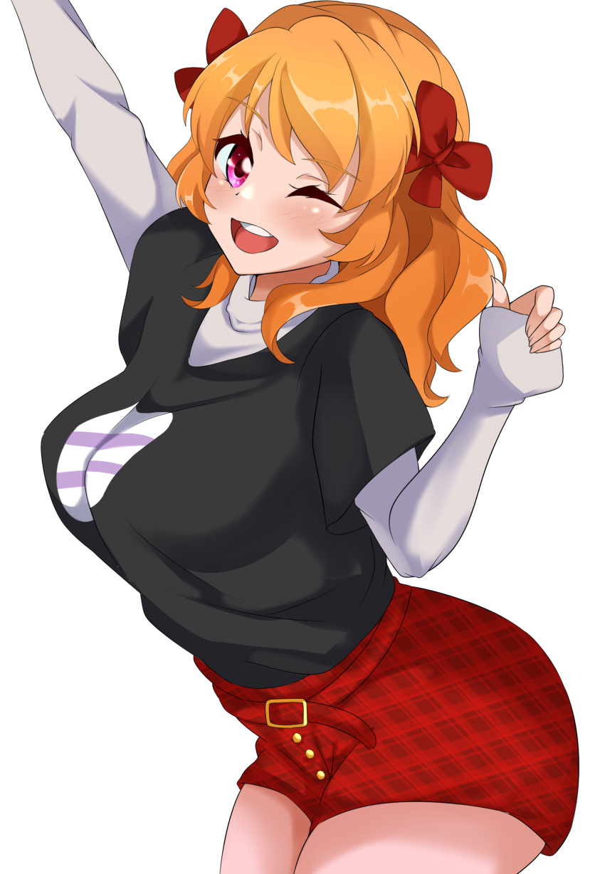 1girl, ;), absurdres, aikatsu!, aikatsu!_(series), arm_up, ass, black_shirt, blush, bow, breasts, eine_(ein-faust), hair_bow, highres, large_breasts, long_hair, long_sleeves, one_eye_closed, oozora_akari, open_mouth, orange_hair, pink_eyes, red_ribbon, red_shorts, ribbon, shirt, shorts, smile, thighs, white_background, white_shirt