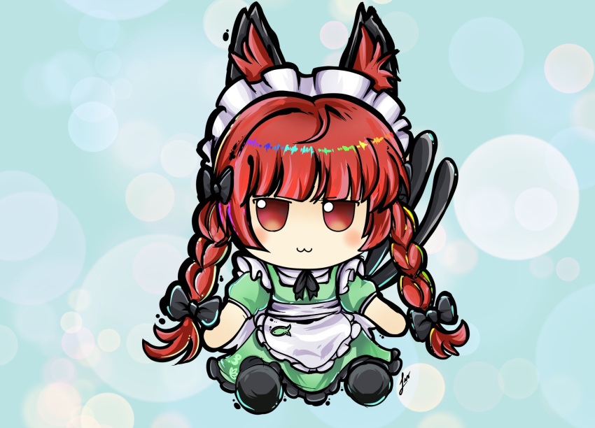 :3, animal_ears, black_bow, bow, braid, cat_ears, cat_tail, commentary, dress, english_commentary, full_body, fumo_(doll), green_dress, hair_bow, highres, kaenbyou_rin, kaenbyou_rin_(palace_of_the_earth_spirits'_pawsome_helper), lis_(lislisette), long_hair, maid, maid_headdress, multiple_tails, nekomata, red_eyes, redhead, side_braids, tail, touhou, touhou_lost_word, twin_braids, two_tails