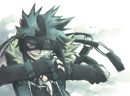 blue_hair, fur-trimmed, goggles, grin, lowres, lucario, necklace, personification, pokemon, red_eyes, solo, spiked_knuckles, spikes, spiky_hair