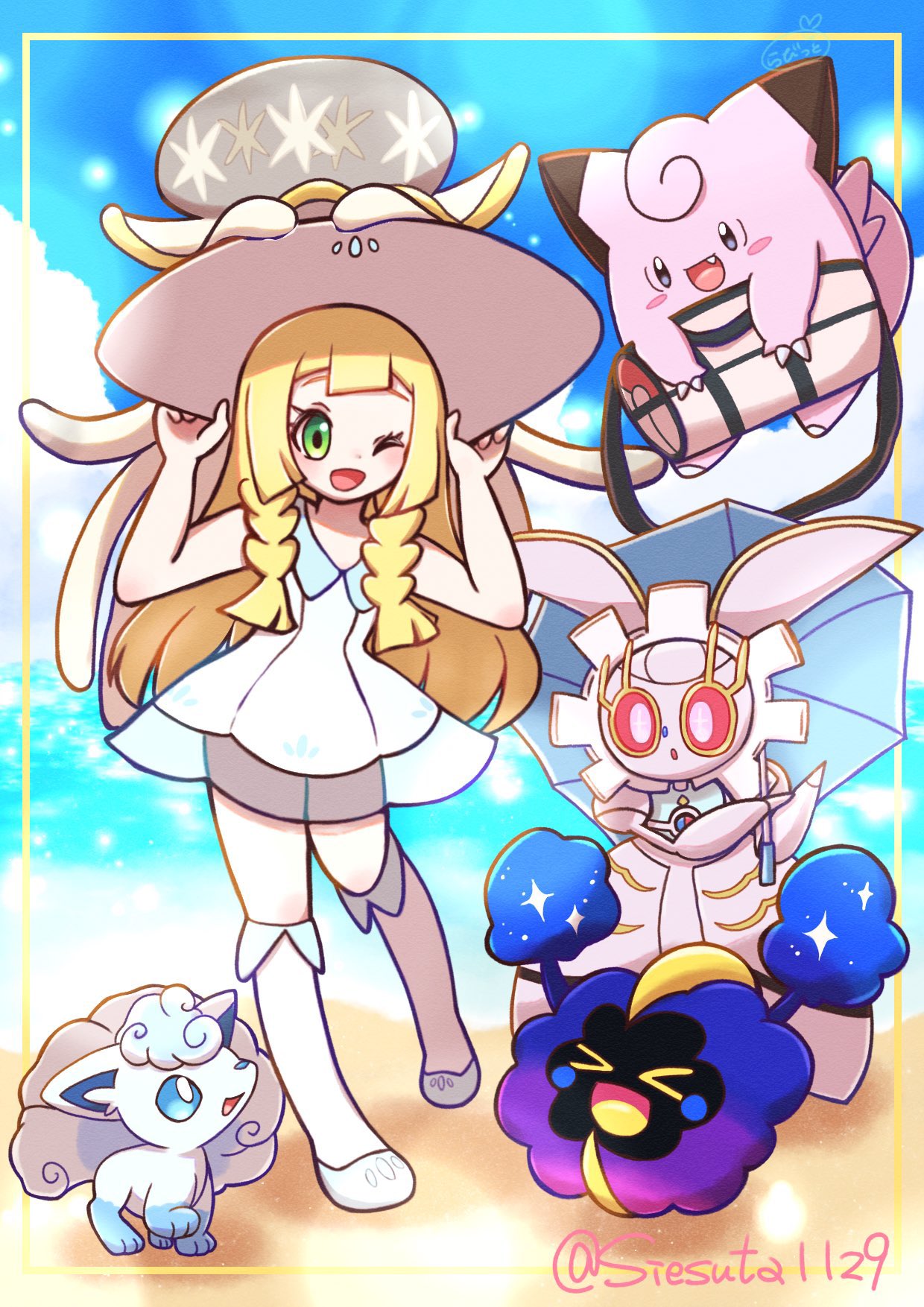 1girl, alolan_vulpix, arms_up, bag, beach, blonde_hair, blue_footwear, blunt_bangs