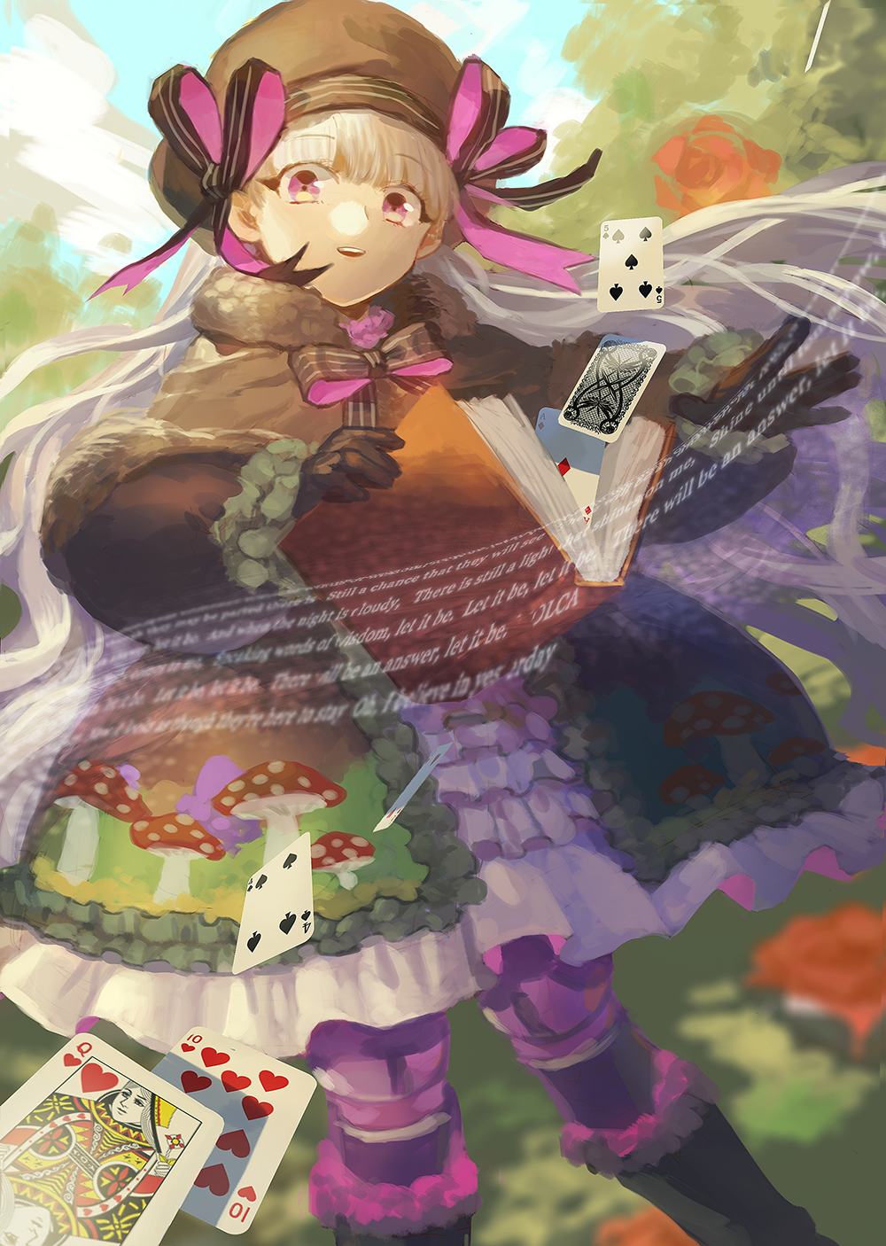 1girl, ace_of_diamonds, backwards_text, black_bow, black_footwear, black_gloves, book, bow