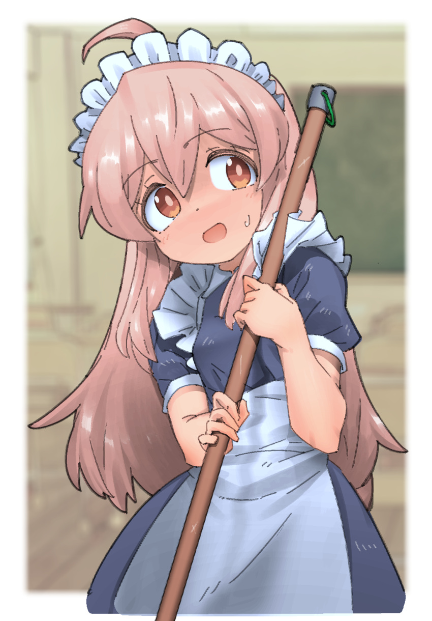 1girl, ahoge, apron, genderswap, genderswap_(mtf), highres, holding, holding_mop, long_hair, looking_to_the_side, maid, maid_apron, maid_headdress, mop, onii-chan_wa_oshimai!, open_mouth, orange_eyes, oyama_mahiro, pink_hair, shiriananmin, short_sleeves, solo, sweatdrop