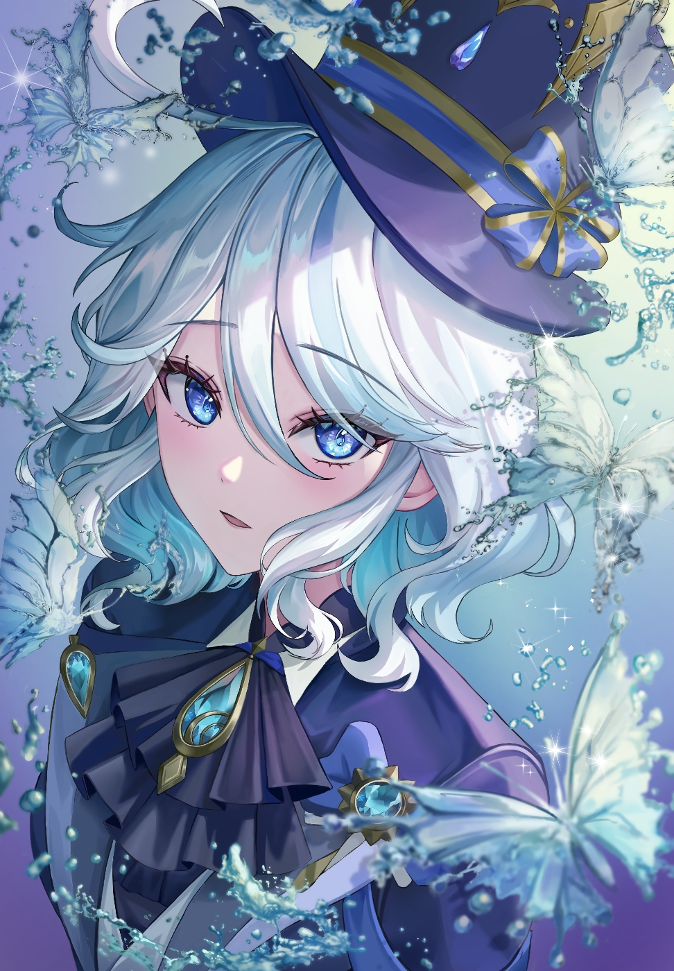 1girl, ascot, blue_ascot, blue_eyes, blue_gemstone, blue_hair, blue_headwear, blush