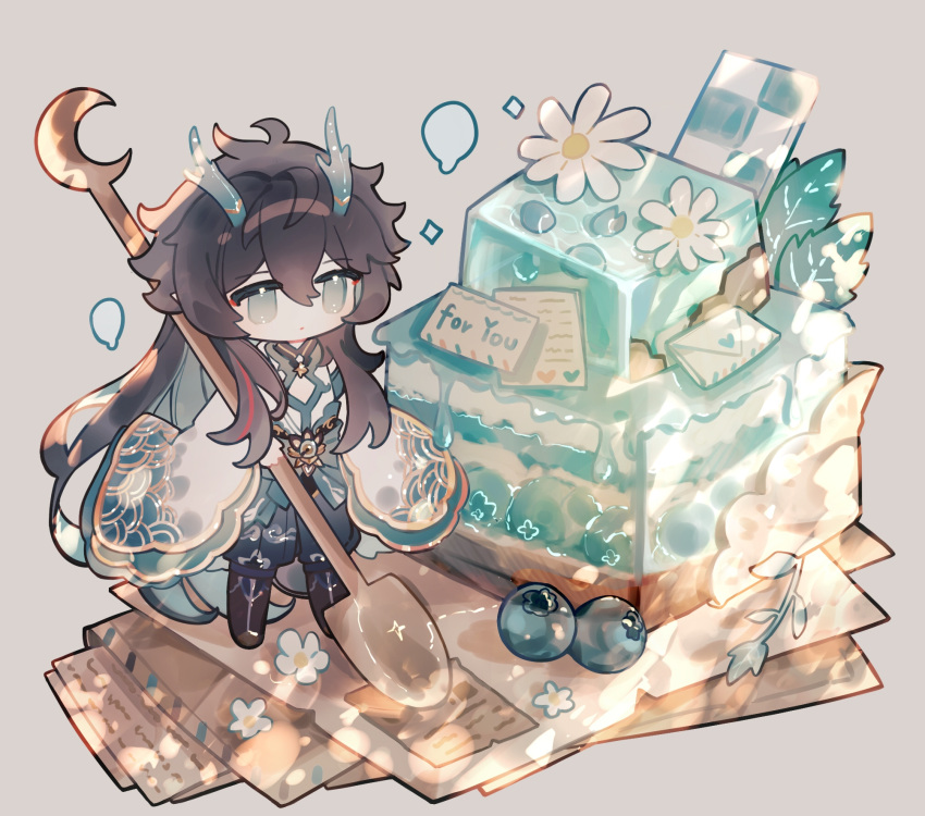 1boy, black_hair, cake, chibi, chinese_clothes, dan_heng_(honkai:_star_rail), dan_heng_(imbibitor_lunae)_(honkai:_star_rail), dessert