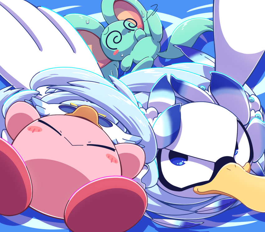 :>, @_@, bird, bird_hat, blue_background, blue_eyes, blush_stickers, closed_eyes