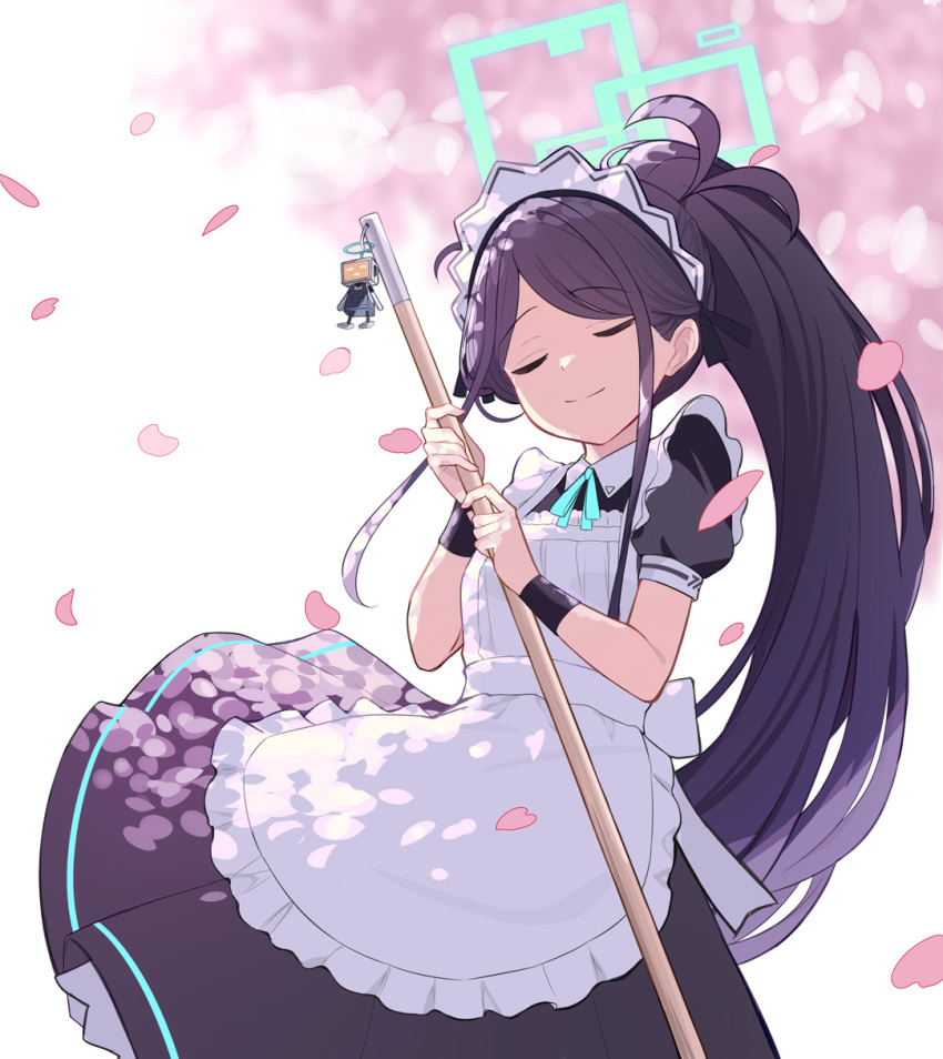 1girl, apron, aqua_ribbon, aris_(blue_archive), aris_(maid)_(blue_archive), black_dress, black_hair, black_wristband, blue_archive, blurry, blurry_background, closed_eyes, closed_mouth, collared_dress, commentary_request, cowboy_shot, dress, facing_viewer, falling_petals, green_halo, halo, hands_up, high_ponytail, highres, holding, long_hair, maid_apron, maid_headdress, neck_ribbon, official_alternate_costume, petals, ponytail, puffy_short_sleeves, puffy_sleeves, ribbon, rururiiro, short_sleeves, sidelocks, smile, solo, toy_robot, very_long_hair, white_apron