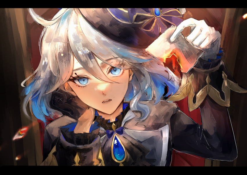 1girl, absurdres, black_gloves, black_headwear, black_jacket, blue_eyes, blue_hair, burning, commentary_request, cowlick, furina_(genshin_impact), genshin_impact, gloves, hat, head_rest, highres, holding, jacket, light_blue_hair, long_sleeves, looking_at_viewer, open_mouth, smosmomi, solo, top_hat, white_gloves