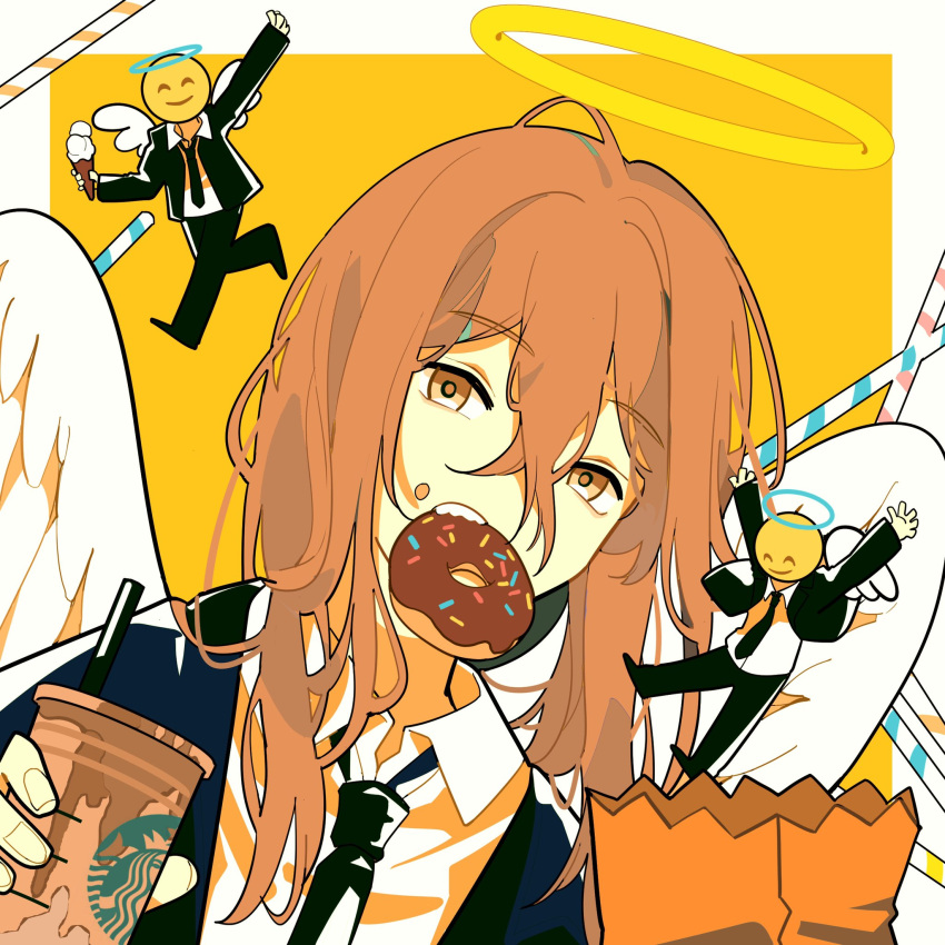 1boy, 2others, angel, angel_devil_(chainsaw_man), angel_wings, black_jacket, black_necktie, brown_hair