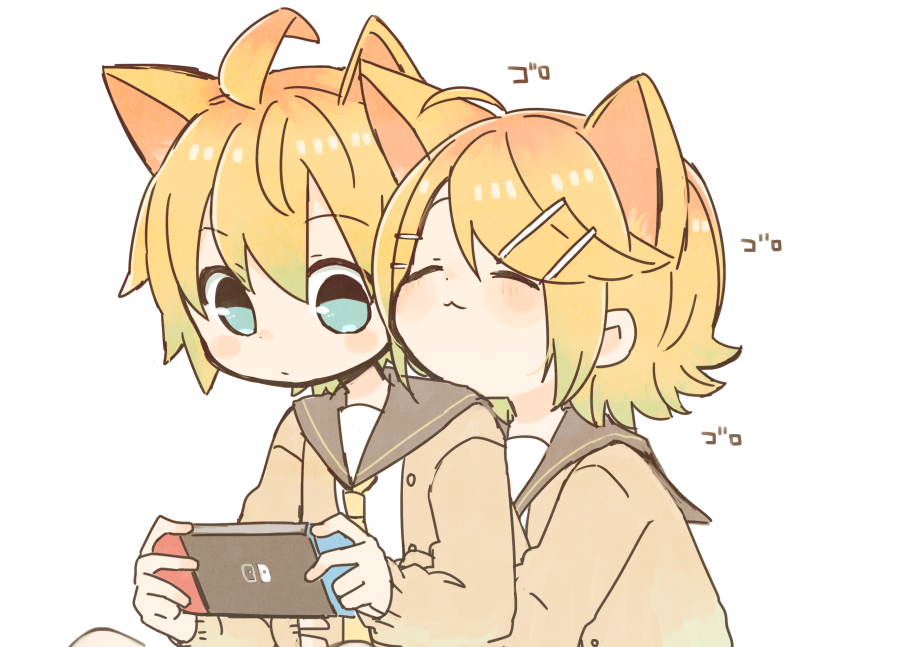1boy, 1girl, :3, ahoge, alternate_costume, animal_ears, cat_boy, cat_ears