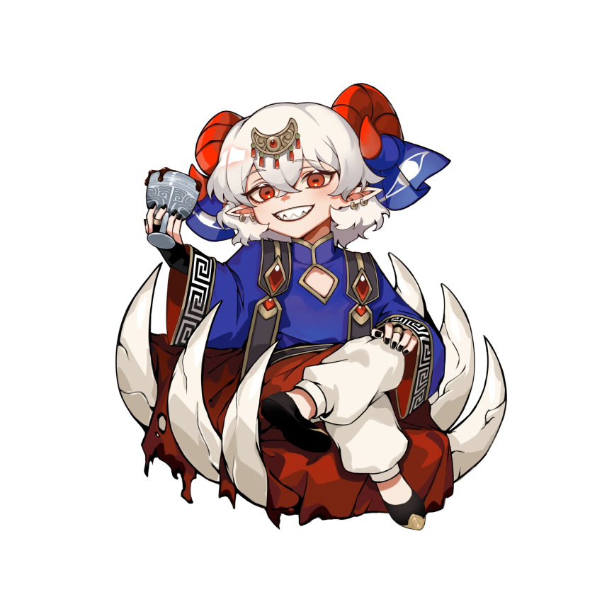 1girl, alternate_costume, black_nails, blue_ribbon, blue_shirt, blush, bone, chalice, claws, commentary, crossed_bangs, earrings, eye_hair_ornament, eye_print, figure_four_sitting, fingernails, flat_chest, full_body, grin, hair_between_eyes, highres, holding_goblet, horizontal_pupils, horn_ornament, horn_ribbon, horns, jewelry, long_bangs, looking_at_viewer, mandarin_collar, meandros, multiple_earrings, pants, patterned_clothing, pointy_ears, print_ribbon, rectangular_pupils, red_eyes, red_horns, red_skirt, ribbon, ribs, ring, sharp_teeth, sheep_horns, shirt, short_hair, simple_background, skirt, smile, solo, teeth, tokinhr, touhou, toutetsu_yuuma, white_background, white_hair, white_pants, wide_sleeves
