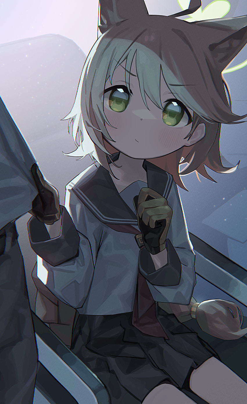1girl, absurdres, ahoge, animal_ears, black_sailor_collar, black_skirt, blue_archive, blush