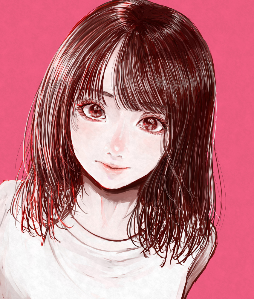 1girl, black_hair, brown_eyes, highres, looking_at_viewer, medium_hair, original, pale_skin, parted_bangs, pink_background, shiraco_(sgdv2435), shirt, simple_background, solo, t-shirt