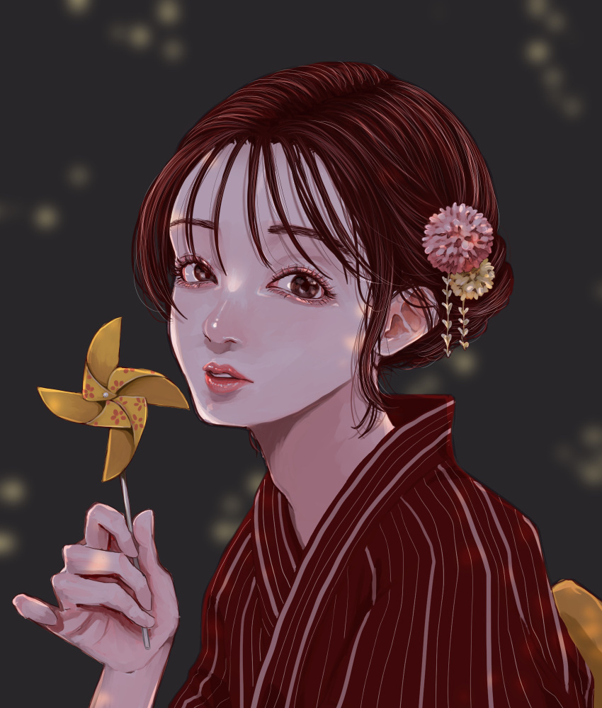 1girl, brown_eyes, brown_hair, brown_kimono, grey_background, hair_ornament, hand_up, highres