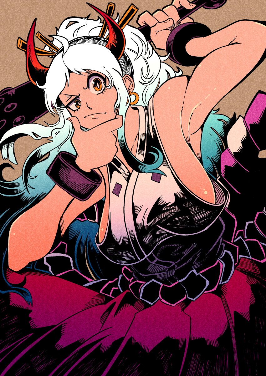 1girl, absurdres, breasts, earrings, highres, horns, jewelry, multicolored_hair