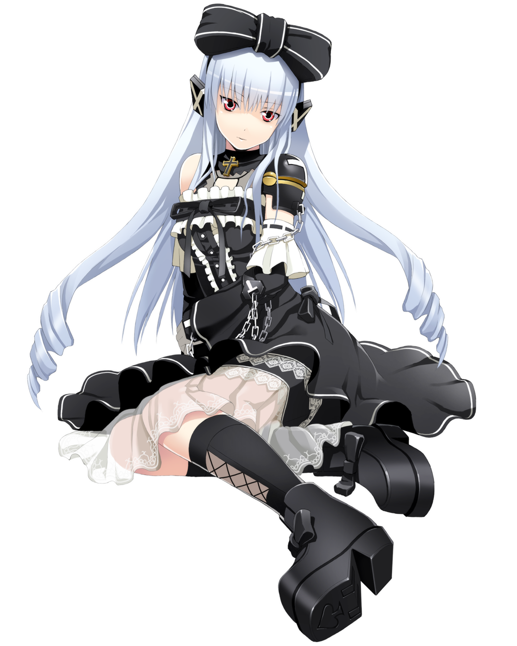 chain, cosmic_break, cross, detached_sleeves, gothic_lolita, hair_bow, highres, ivis, lolita_fashion, long_hair, mecha_musume, official_art, platform_footwear, red_eyes, ribbon, silver_hair, solo, transparent_background, wakaba
