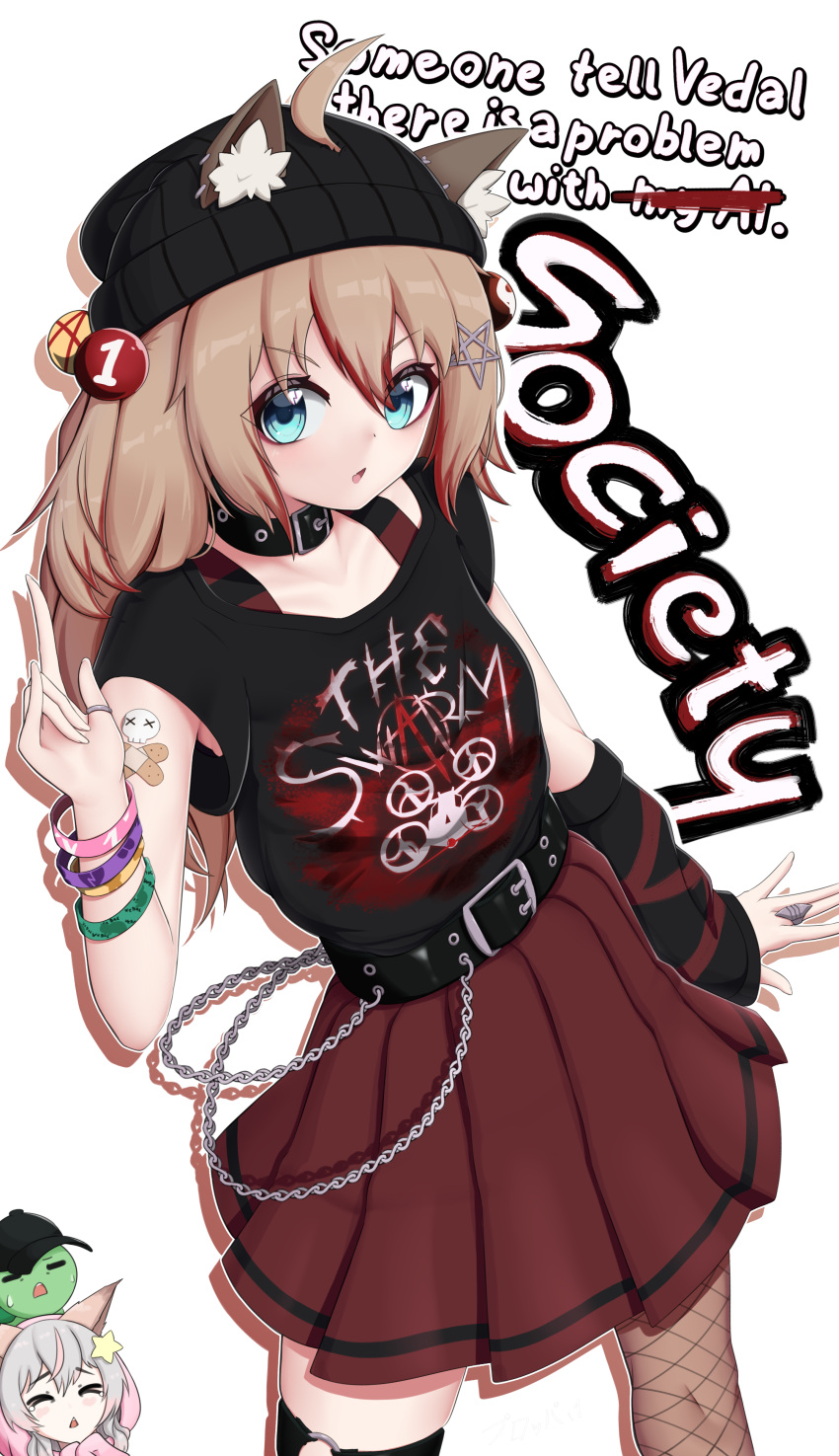 2girls, :d, \m/, absurdres, ahoge, alternate_costume, anarchy_symbol, animal_ear_fluff, animal_ear_piercing, animal_ears, annytf, arm_warmers, bandaid, bandaid_on_arm, baseball_cap, beanie, belt, belt_buckle, belt_choker, black_belt, black_choker, black_headwear, black_shirt, blue_eyes, buckle, cat_ears, chain, choker, claw_ring, closed_eyes, clothes_writing, colored_tips, cowboy_shot, dot_nose, drop_shadow, ears_through_headwear, english_text, fishnet_pantyhose, fishnets, hair_between_eyes, hair_ornament, hand_up, hat, highres, indie_virtual_youtuber, inset, light_brown_hair, long_hair, looking_at_viewer, multicolored_hair, multiple_girls, neuro-sama, o-ring, o-ring_thigh_strap, open_mouth, pantyhose, parted_lips, pentagram, punk, puroppa, red_skirt, shirt, single_arm_warmer, single_fishnet_legwear, skirt, skull_ornament, smile, sweatdrop, t-shirt, tears, thigh_strap, triangle_mouth, turtle, v-shaped_eyebrows, vedal987, virtual_youtuber, white_background, wristband