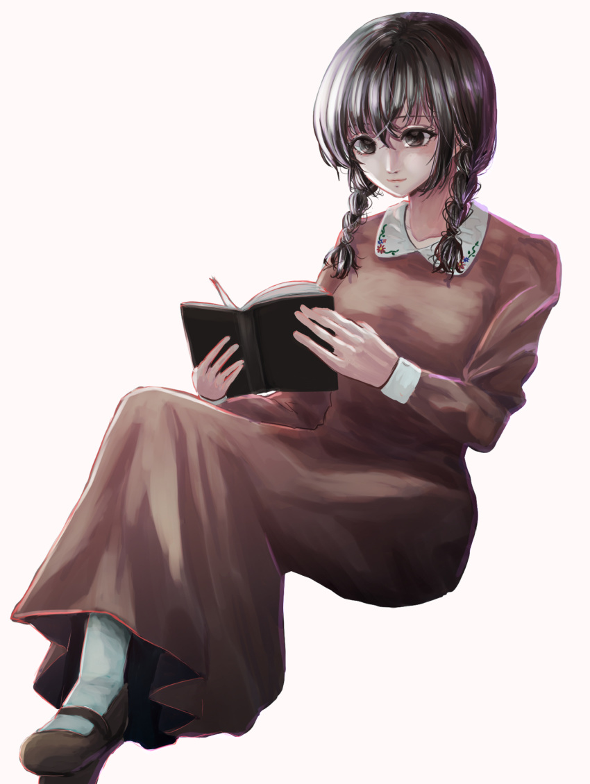 1girl, black_eyes, black_hair, book, braid, brown_dress, dress, highres