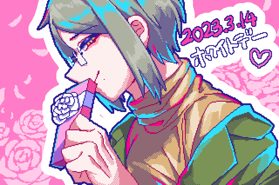 1boy, 2023, arakawa_shuuji, closed_mouth, dated, flower, glasses, green_hair, green_jacket, heart, jacket, jamsanpoid, kyouki_yori_ai_o_komete, male_focus, mole, mole_under_mouth, orange_eyes, orange_shirt, petals, pink_background, pink_flower, pink_rose, pixel_art, rose, shirt, smile, solo, turtleneck
