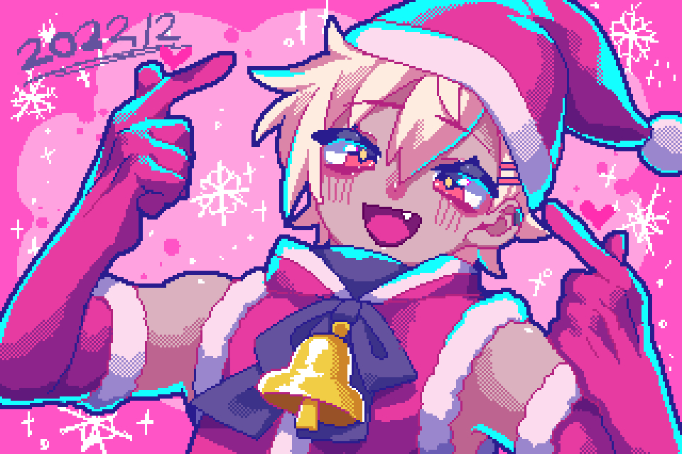 1boy, 2022, bell, dark-skinned_male, dark_skin, dated, ear_piercing, fang, gloves, hat, jamsanpoid, kyouki_yori_ai_o_komete, male_focus, multiple_hairpins, neck_bell, piercing, pink_background, pixel_art, red_gloves, red_headwear, red_shirt, saeki_yuusuke, santa_costume, santa_hat, shirt, snowflakes, solo