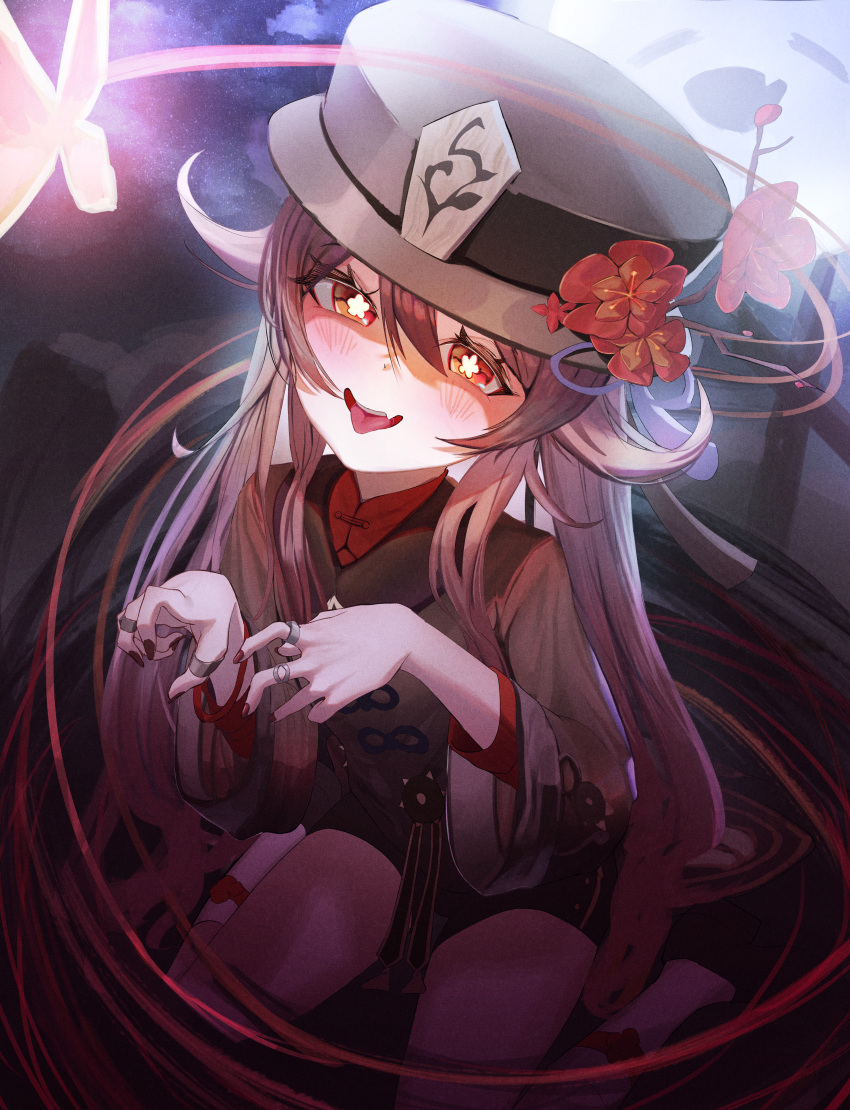 1girl, absurdres, black_shorts, blush, boo_tao_(genshin_impact), brown_hair, chinese_clothes, fang