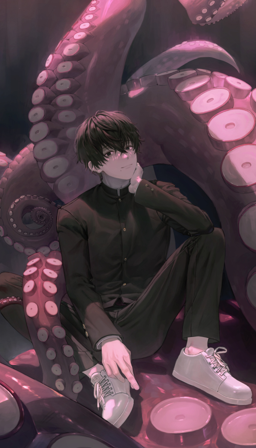 1boy, black_pants, chainsaw_man, crossed_fingers, dinwoon, ear_piercing, gakuran, highres, looking_at_viewer, mole, mole_under_mouth, multiple_piercings, octopus, octopus_devil_(chainsaw_man), pants, piercing, school_uniform, short_hair, sitting_on_tentacle, tentacles, white_footwear, yoshida_hirofumi