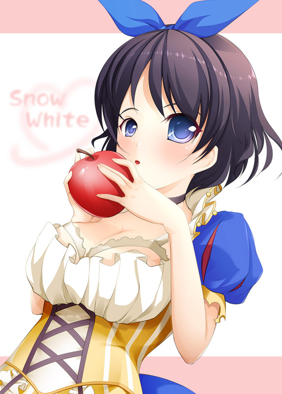arin, black_hair, blue_eyes, blush, breasts, choker, cleavage, cosplay, food, fruit, grimm's_fairy_tales, hair_ribbon, holding, holding_fruit, itsuki_(spitbreak), pangya, ribbon, short_hair, snow_white, snow_white_(cosplay), snow_white_(grimm), snow_white_and_the_seven_dwarfs, solo