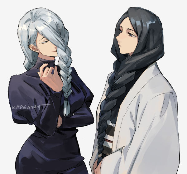 2girls, black_eyes, black_hair, bleach, blue_hair, braid, crossover, dark_blue_dress