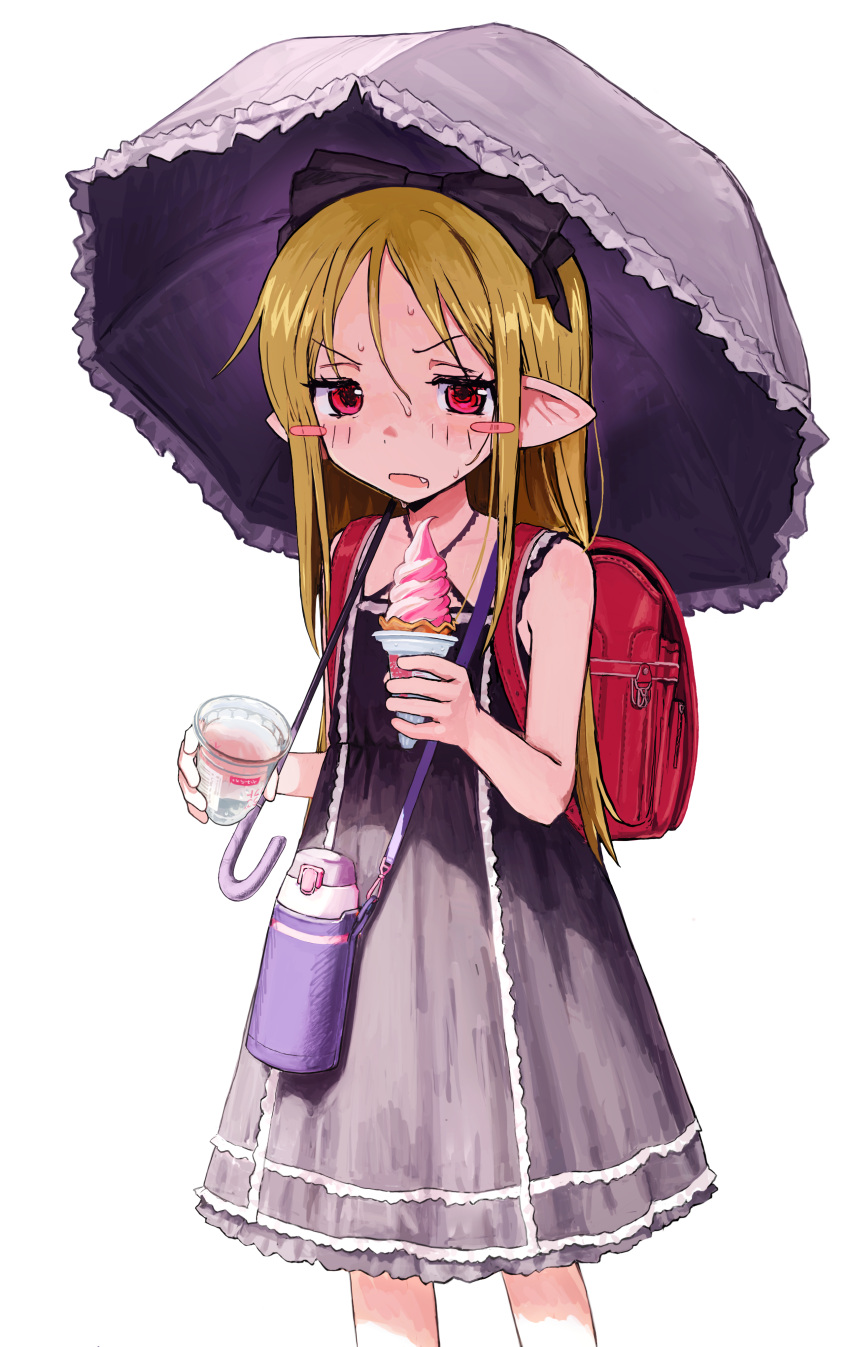 1girl, absurdres, backpack, bag, black_bow, black_dress, blush_stickers, bottle