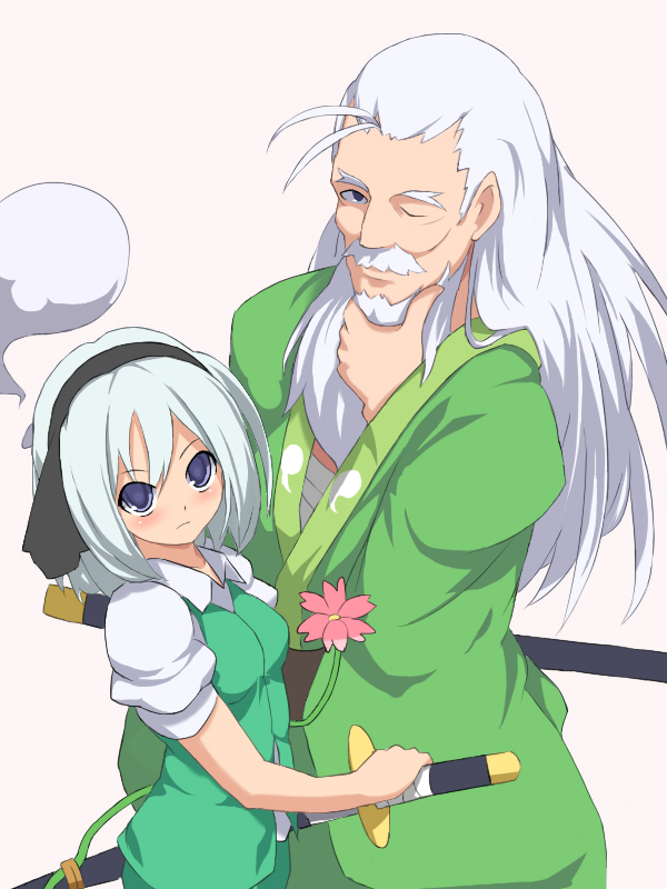 1girl, beard, blue_eyes, chin_stroking, facial_hair, flower, grandfather_and_granddaughter, hair_ribbon, hairband, holding, japanese_clothes, katana, konpaku_youki, konpaku_youmu, konpaku_youmu_(ghost), long_hair, looking_at_viewer, mustache, myon, okaki, old_man, ribbon, sheath, short_hair, silver_hair, simple_background, skirt, skirt_set, smile, sword, touhou, vest, weapon, white_background, wink