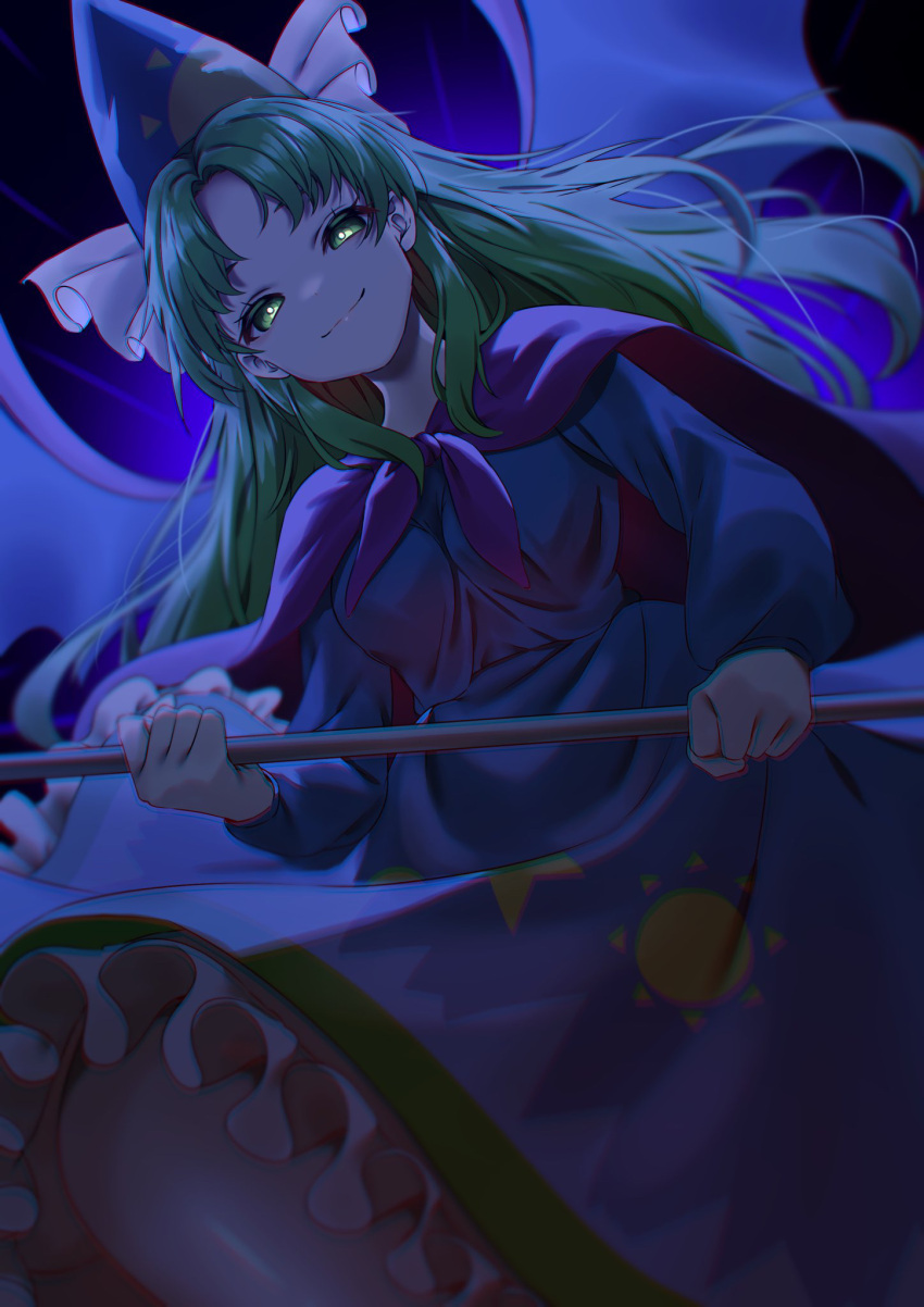 1girl, blue_dress, blue_headwear, capelet, closed_mouth, dress, frilled_dress, frills, green_eyes, green_hair, hat, highres, holding, long_hair, long_sleeves, looking_at_viewer, mima_(touhou), purple_capelet, purple_wings, smile, solo, touhou, touhou_(pc-98), wankosoradayo, wings