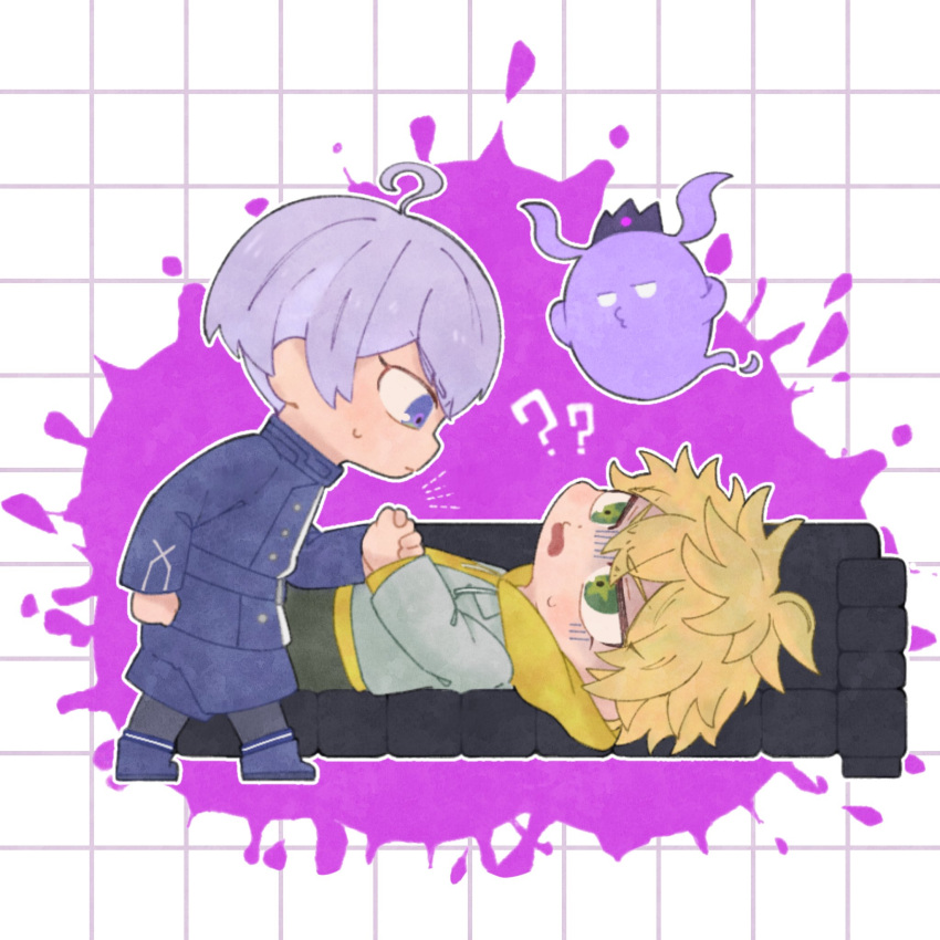 2boys, ?, ??, ahoge, aranranrock, blonde_hair, blood, blood_splatter
