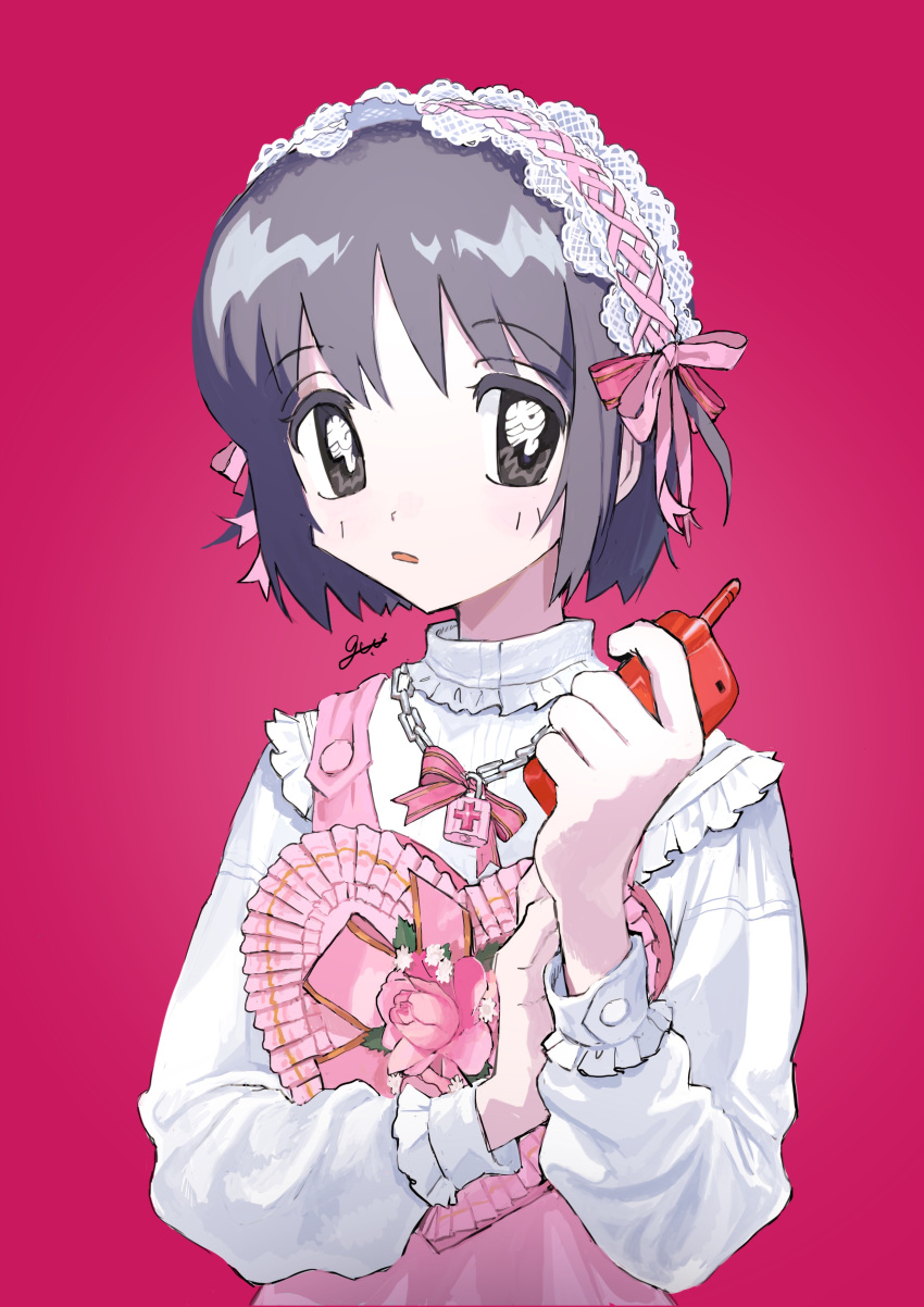 1girl, absurdres, black_eyes, box, chain_necklace, flower, frilled_shirt, frills