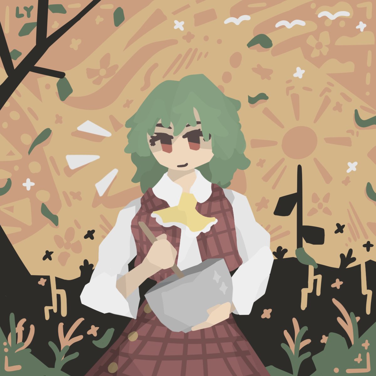 1girl, ascot, flower, green_hair, highres, holding, holding_spoon, kazami_yuuka