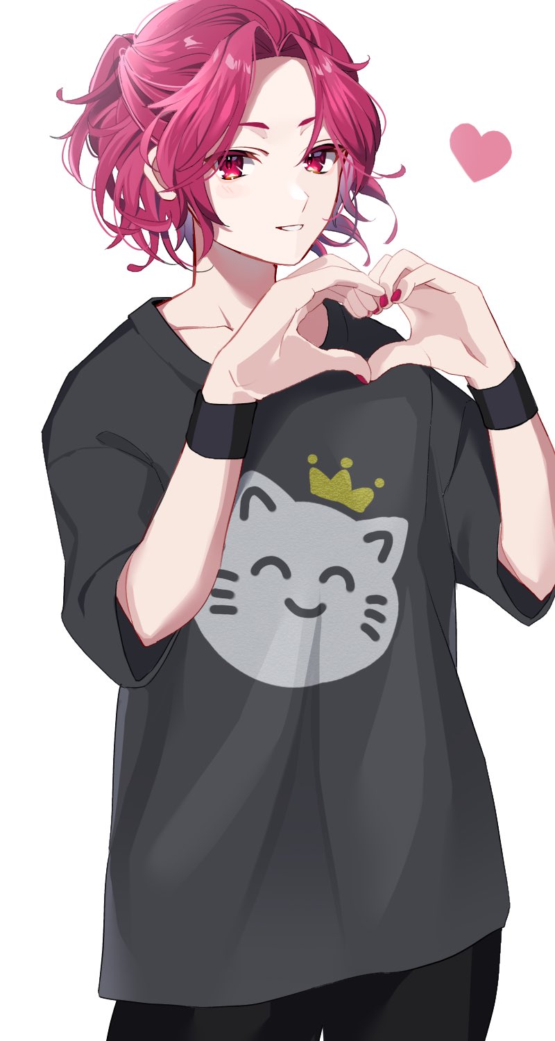1boy, araki_(utaite), black_pants, black_shirt, heart, heart_hands, highres, intkrgr_anm