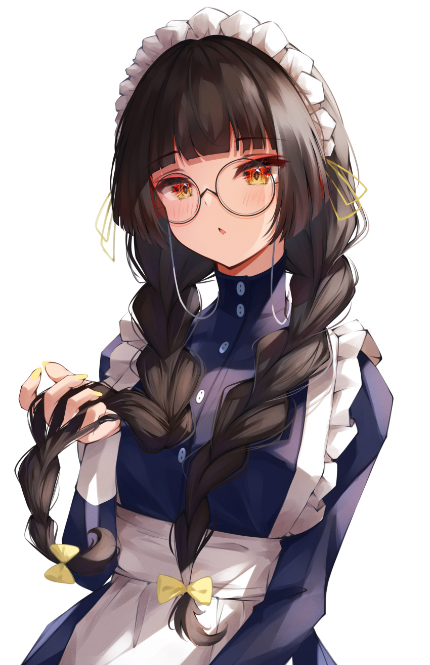 1girl, absurdres, apron, black_hair, blue_dress, blunt_bangs, blush, braid