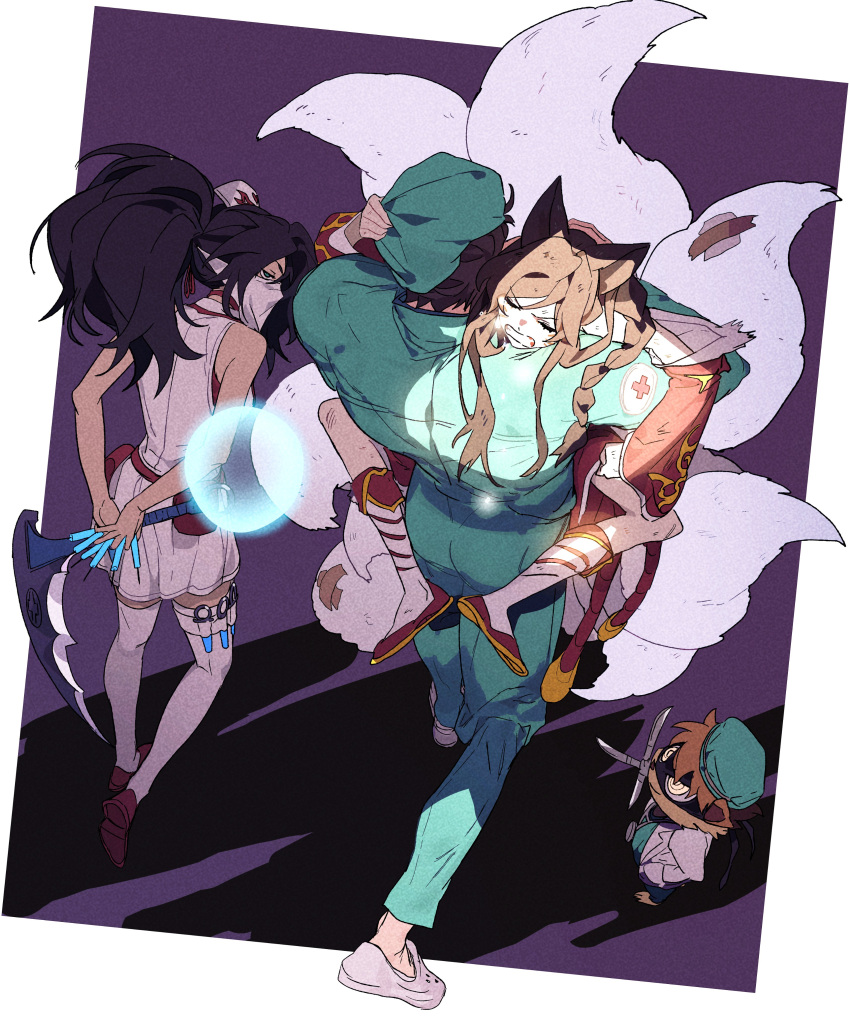 2boys, 2girls, absurdres, ahri_(league_of_legends), akali, animal_ears, asymmetrical_bangs, black_hair