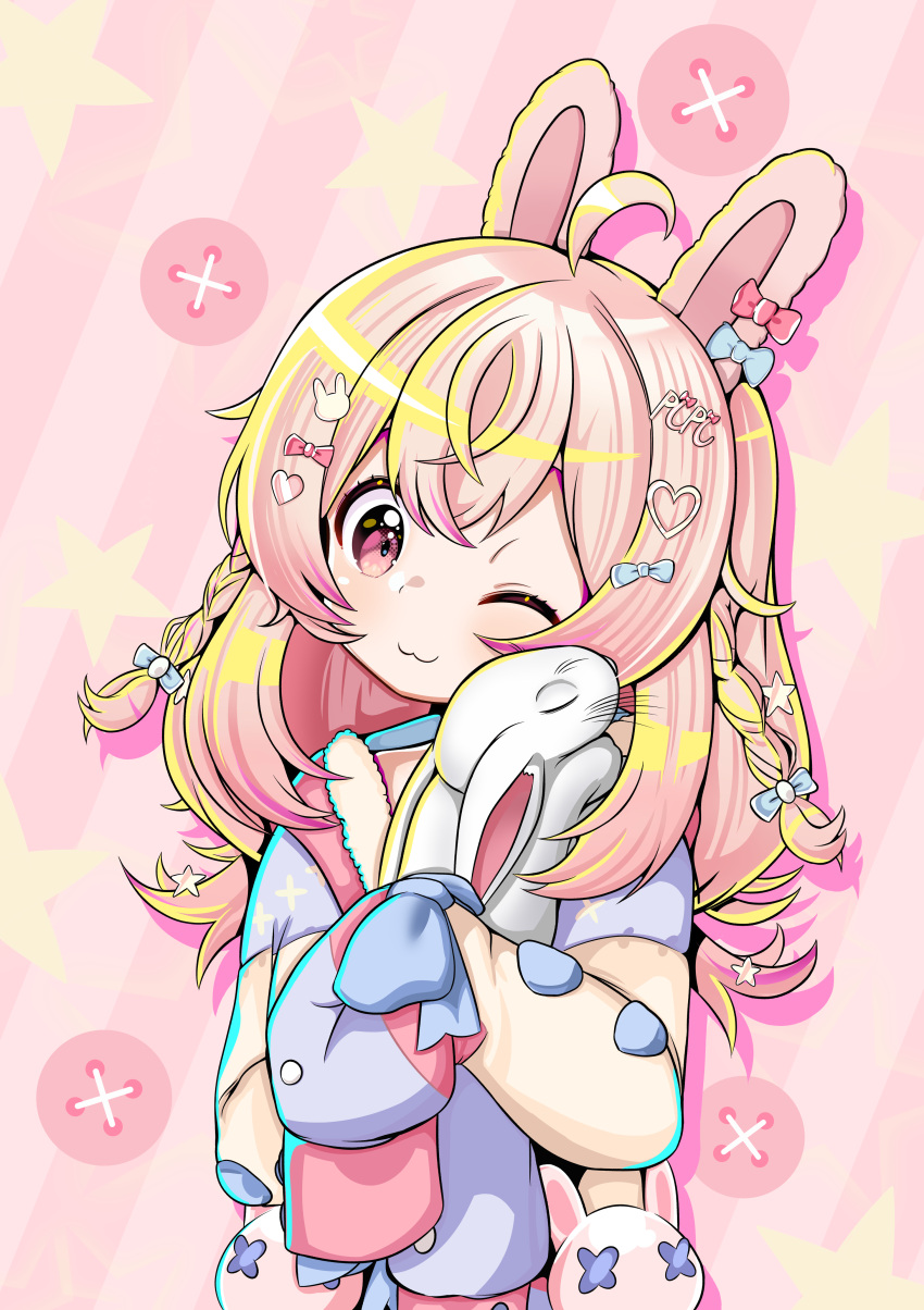 1girl, ;3, absurdres, ahoge, animal, animal_ears, blue_bow, bow, braid, buttons, closed_mouth, crossed_bangs, drop_shadow, ear_bow, english_commentary, fur-trimmed_hood, fur_trim, hair_between_eyes, hair_bow, hair_ornament, heart, heart_hair_ornament, highres, holding, holding_animal, hood, hood_down, hooded_jacket, jacket, kouto_matai, long_hair, long_sleeves, multicolored_clothes, multicolored_jacket, multiple_hair_bows, one_eye_closed, phase_connect, pink_bow, pink_eyes, pink_hair, pipkin_pippa, pipkin_pippa_(1st_costume), rabbit, rabbit_ears, rabbit_girl, rabbit_hair_ornament, sleeve_bow, sleeves_past_fingers, sleeves_past_wrists, solo, star_(symbol), star_hair_ornament, striped, striped_background, twin_braids, virtual_youtuber, white_rabbit_(animal)