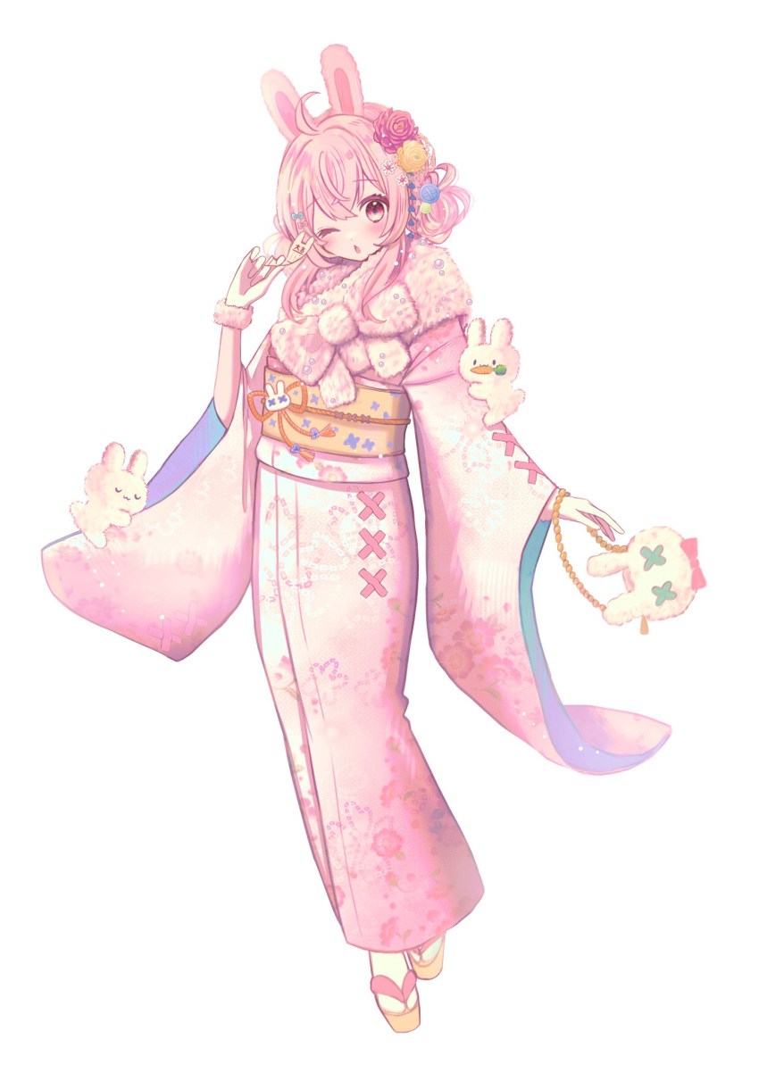 1girl, :3, ;o, ahoge, animal_bag, animal_ears, bag, blue_bow