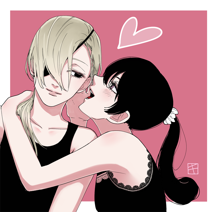 2girls, artist_logo, black_camisole, black_hair, black_tank_top, blush, camisole, chainsaw_man