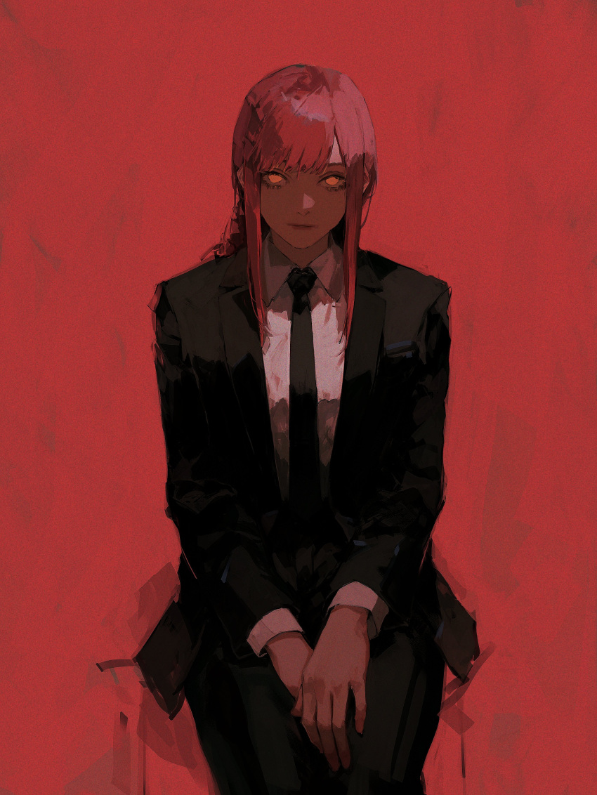 1girl, 96yottea, absurdres, black_jacket, black_necktie, black_pants, braid, braided_ponytail, chainsaw_man, collared_shirt, highres, invisible_chair, jacket, looking_at_viewer, makima_(chainsaw_man), medium_hair, necktie, orange_eyes, pants, red_background, red_theme, redhead, shirt, shirt_tucked_in, sidelocks, simple_background, sitting, solo, suit, suit_jacket, white_shirt