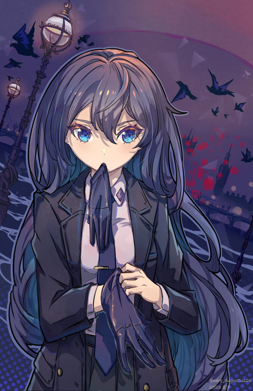 1girl, absurdres, animal, bird, black_jacket, black_skirt, blue_eyes, breasts