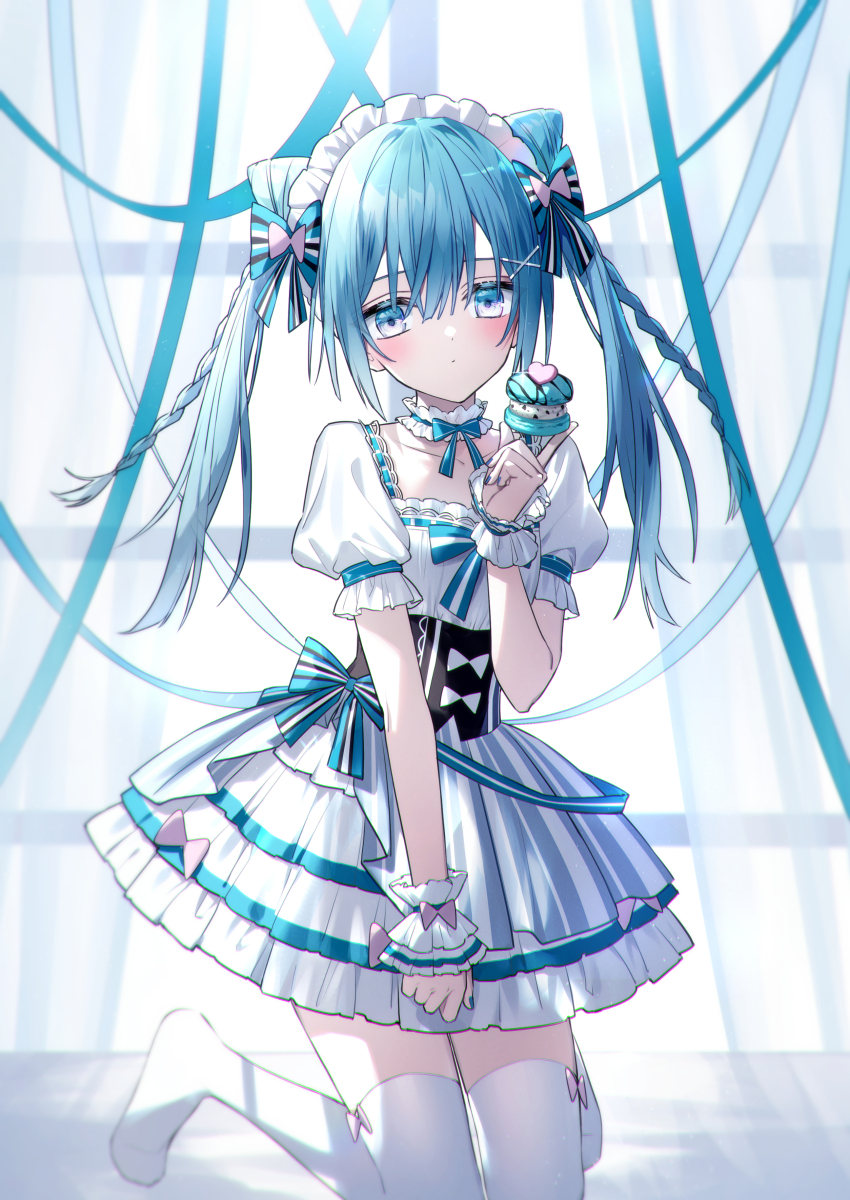 1girl, blue_eyes, blue_ribbon, blush, breasts, closed_mouth, collarbone, commentary_request