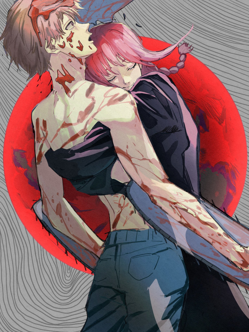 1boy, 1girl, black_coat, blonde_hair, blood, blood_in_hair, blood_on_arm, blood_on_back